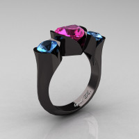 Nature Classic 14K Black Gold 2.0 Ct Heart Pink Sapphire Blue Topaz Three Stone Floral Engagement Ring Wedding Ring R434-14KBGBTPS-1