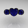 Nature Classic 14K Black Gold 2.0 Ct Heart Blue Sapphire Three Stone Floral Engagement Ring Wedding Ring R434-14KBGBS-3