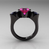 Nature Classic 14K Black Gold 2.0 Ct Heart Pink Sapphire Black Diamond Three Stone Floral Engagement Ring Wedding Ring R434-14KBGBDPS-2