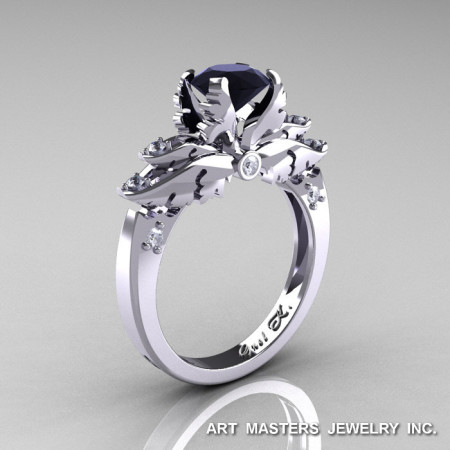Classic 14K White Gold 1.0 Ct Black and White Diamond Solitaire Engagement Ring R482-14KWGDBD-1