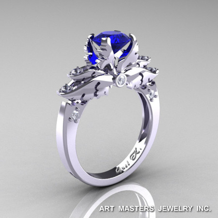 Classic 14K White Gold 1.0 Ct Blue Sapphire Diamond Solitaire Engagement Ring R482-14KWGDBS-1