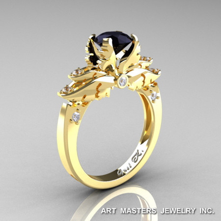 Classic 14K Yellow Gold 1.0 Ct Black and White Diamond Solitaire Engagement Ring R482-14KYGDBD-1