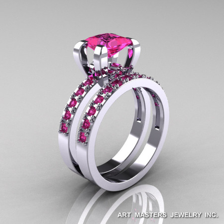 Classic French 14K White Gold 1.0 Ct Princess Pink Sapphire Engagement Wedding Ring Bridal Set AR125S-14WGPS-1