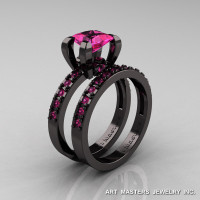 Modern French 14K Black Gold 1.0 Carat Princess Pink Sapphire Engagement Ring Weding Band Bridal Set AR125S-14KBGPS-1