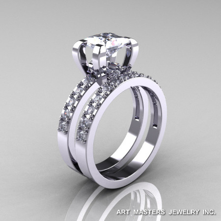 Classic French 14K White Gold 1.0 Ct Princess White Sapphire Diamond Engagement Wedding Ring Bridal Set AR125S-14WGDWS-1