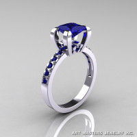 Classic French 14K White Gold 1.0 Ct Princess Blue Sapphire Engagement Ring AR125-14KWGBS-1
