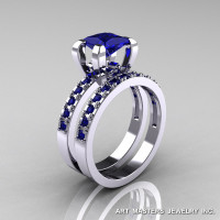 Classic French 14K White Gold 1.0 Ct Princess Blue Sapphire Engagement Wedding Ring Bridal Set AR125S-14WGBS-1