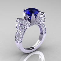 French 14K White Gold 3.0 CT Blue Sapphire Diamond Engagement Ring Wedding Ring R382-14KWGDBS-1