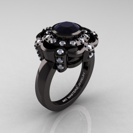 Art Masters Classic 14K Black Gold 1.0 Carat Black and White Diamond Engagement Ring R70M-14KBGDBD-1