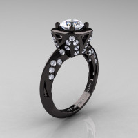 Classic French 14K Black Gold 1.0 Ct White Sapphire Diamond Engagement Ring Wedding RIng R502-14KBGDWS-1