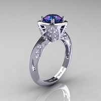 Classic French 14K White Gold 1.0 Carat Chrysoberyl Alexandrite Diamond Engagement Ring Wedding RIng R502-14KWGDA-1