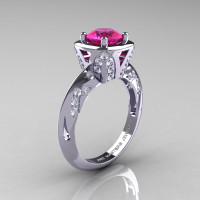 Classic French 14K White Gold 1.0 Carat Pink Sapphire Diamond Engagement Ring Wedding RIng R502-14KWGDPS-1