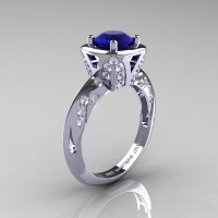 Classic French 14K White Gold 1.0 Carat Blue Sapphire Diamond Engagement Ring Wedding RIng R502-14KWGDBS-1