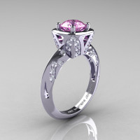Classic French 14K White Gold 1.0 Carat Light Pink Sapphire Diamond Engagement Ring Wedding RIng R502-14KWGDLPS-1