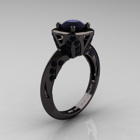 Classic French 14K Black Gold 1.0 Ct Black Diamond Engagement Ring Wedding Ring R502-14KBGBD-1