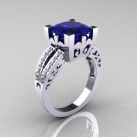 French Vintage 14K White Gold 3.8 Carat Princess Blue Sapphire Diamond Solitaire Ring R222-WGDBS-1