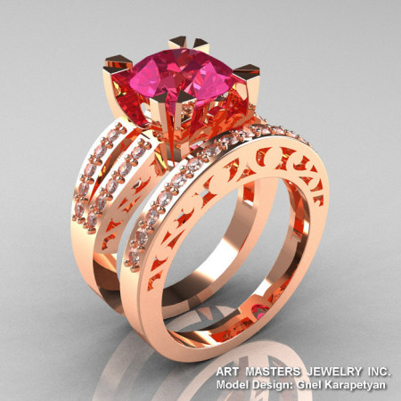 Modern Vintage 14K Rose Gold 3.0 Carat Tourmaline Diamond Solitaire Ring and Wedding Band Bridal Set R102S-14KRGDT-1