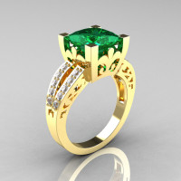French Vintage 14K Yellow Gold 3.8 Carat Princess Emerald Diamond Solitaire Ring R222-YGDEM-1
