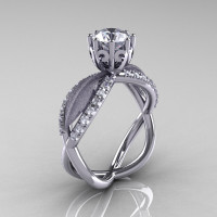 14k white gold white sapphire diamond unusual unique floral engagement ring anniversary ring wedding ring R278SB-WGDWS-1