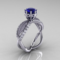 14k white gold blue sapphire diamond unusual unique floral engagement ring anniversary ring wedding ring R278SB-WGDBS-1