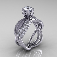 14k white gold white sapphire diamond unusual unique floral engagement ring anniversary ring wedding band set R278SSB-WGDWS-1