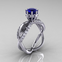 14k white gold blue sapphire diamond unusual unique floral engagement ring anniversary ring wedding ring R278-WGDBS-1
