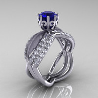 14k white gold blue sapphire diamond unusual unique floral engagement ring anniversary ring wedding band set R278SSB-WGDBS-1