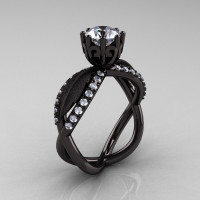 14k black gold white sapphire diamond unusual unique floral engagement ring anniversary ring wedding ring R278SB-BGDWS-1