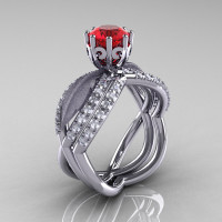 14k white gold ruby diamond unusual unique floral engagement ring anniversary ring wedding band set R278SSB-WGDR-1