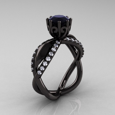 14k black gold black and white diamond unusual unique floral engagement ring anniversary ring wedding ring R278-BGDBD-1