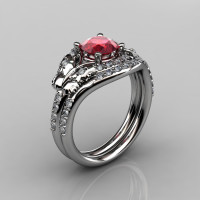 14KT White Gold Diamond Leaf and Vine Ruby Wedding Band Engagement Ring Set NN117S-14KWGDR Nature Inspired Jewelry-1