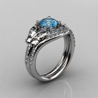 14KT White Gold Diamond Leaf and Vine Blue Topaz Wedding Band Engagement Ring Set NN117S-14KWGDBT Nature Inspired Jewelry-1