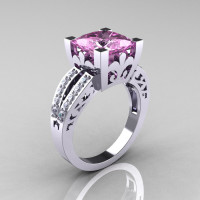 French Vintage 14K White Gold 3.8 Carat Princess Light Pink Sapphire Diamond Solitaire Ring R222-WGDLPS-1