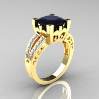 French Vintage 14K Yellow Gold 3.8 Carat Princess Black and White Diamond Solitaire Ring R222-YGDBD-1