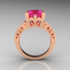 French Vintage 14K Rose Gold 3.8 Carat Princess Pink Sapphire Diamond Solitaire Ring R222-RGDPS-2