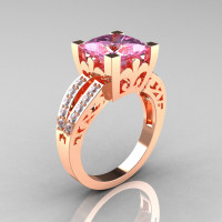 French Vintage 14K Rose Gold 3.8 Carat Princess Light Pink Sapphire Diamond Solitaire Ring R222-RGDLPS-1