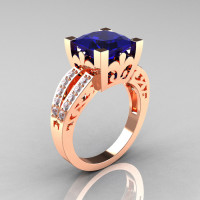 French Vintage 14K Rose Gold 3.8 Carat Princess Blue Sapphire Diamond Solitaire Ring R222-RGDBS-1