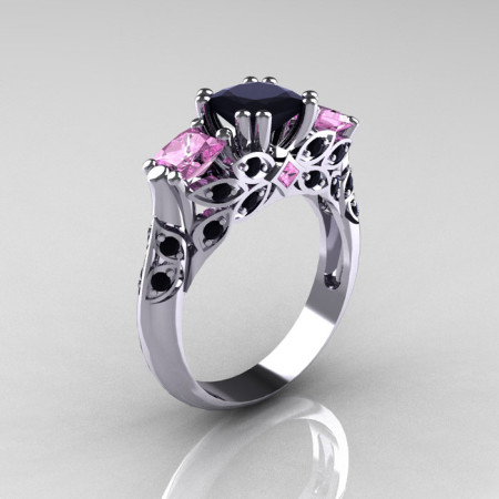 Classic 14K White Gold Three Stone Princess Black Diamond Light Pink Sapphire Solitaire Ring R500-14KWGLPSBD-1