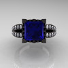 French Vintage 14K Black Gold 3.8 Carat Princess Blue Sapphire Diamond Solitaire Ring R222-BGDBS-3