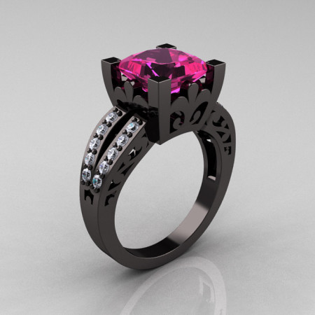 French Vintage 14K Black Gold 3.8 Carat Princess Pink Sapphire Diamond Solitaire Ring R222-BGDPS-1