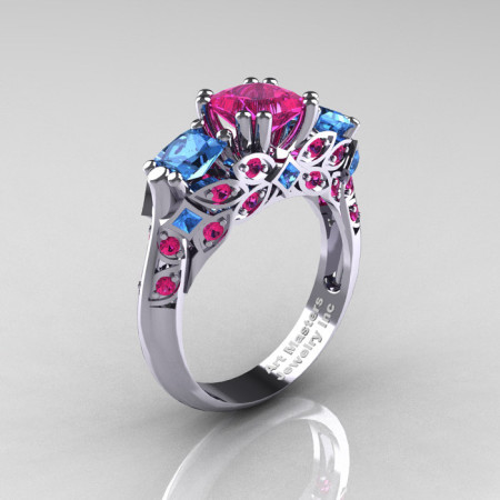 Classic 14K White Gold Three Stone Princess Pink Sapphire Blue Topaz Solitaire Ring R500-14KWGBTPS-1
