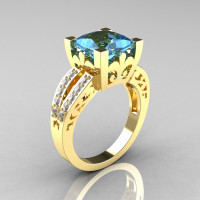 French Vintage 14K Yellow Gold 3.8 Carat Princess Blue Topaz Diamond Solitaire Ring R222-YGDBT-1