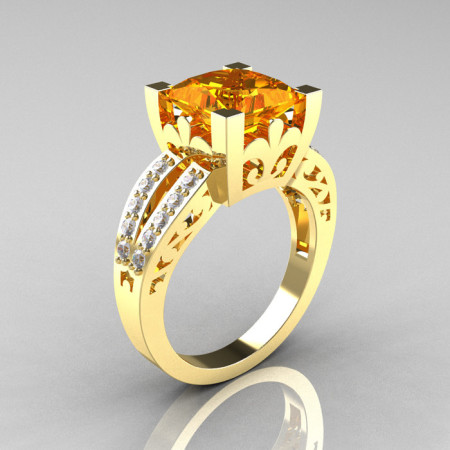 French Vintage 14K Yellow Gold 3.8 Carat Princess Citrine Diamond Solitaire Ring R222-YGDCI-1