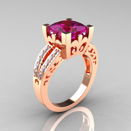 French Vintage 14K Rose Gold 3.8 Carat Princess Amethyst Diamond Solitaire Ring R222-RGDAM-1