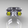 Classic 18K White Gold Three Stone Princess White and Yellow Sapphire Solitaire Engagement Ring Wedding Band Set R500S-18KWGYSWS-3