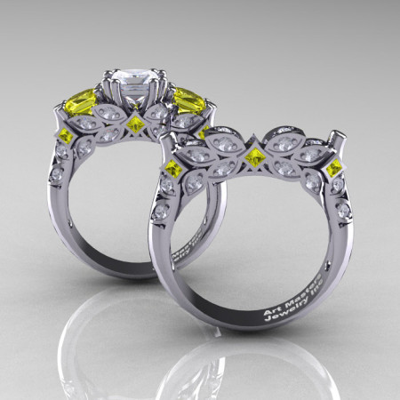 Classic 18K White Gold Three Stone Princess White and Yellow Sapphire Solitaire Engagement Ring Wedding Band Set R500S-18KWGYSWS-1