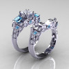 Classic 14K White Gold Three Stone Princess CZ Aquamarine Diamond Solitaire Engagement Ring Wedding Band Set R500S-14KWGDAQCZ-2