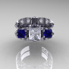 Classic 14K White Gold Three Stone Princess White and Blue Sapphire Diamond Solitaire Engagement Ring Wedding Band Set R500S-14KWGDBSWS-3