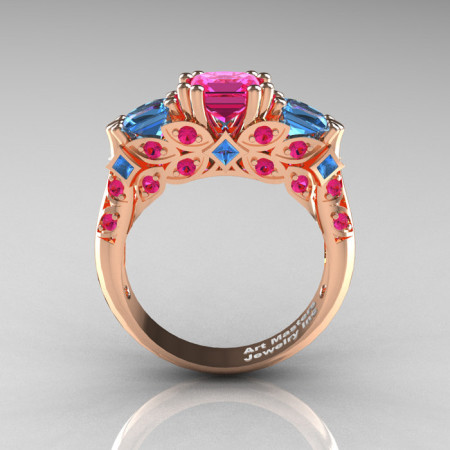 Classic 18K Rose Gold Three Stone Princess Pink Sapphire Blue Topaz Solitaire Engagement Ring R500-18KRGBTPS-1