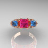 Classic 18K Rose Gold Three Stone Princess Pink Sapphire Blue Topaz Solitaire Engagement Ring R500-18KRGBTPS-3